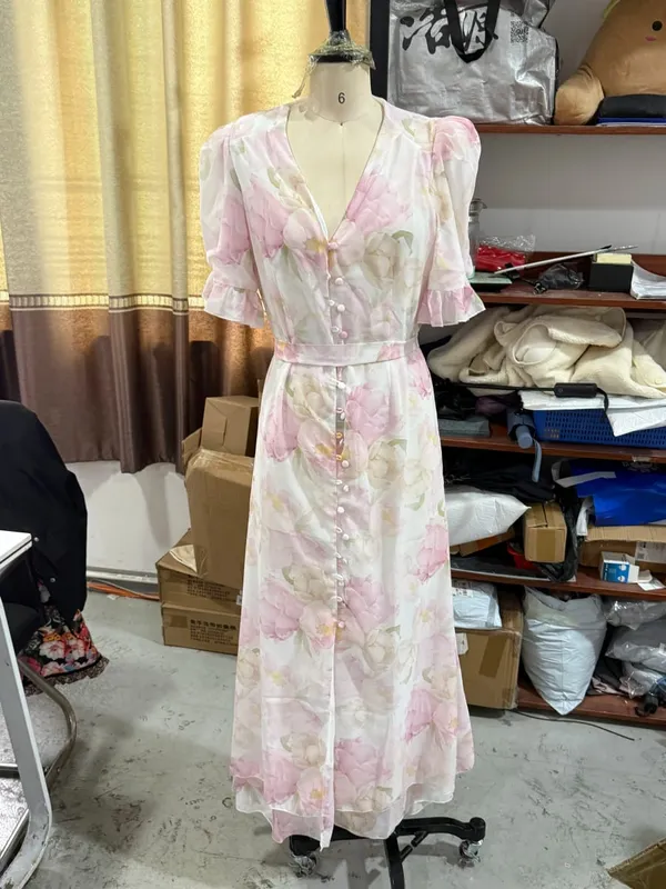Organza Floral Printed Maxi Dress Fashion V-neck Puff Sleeve 2026 Spring/summer Romantic Women Party Gown Elegant Lady Vestidos — image 9