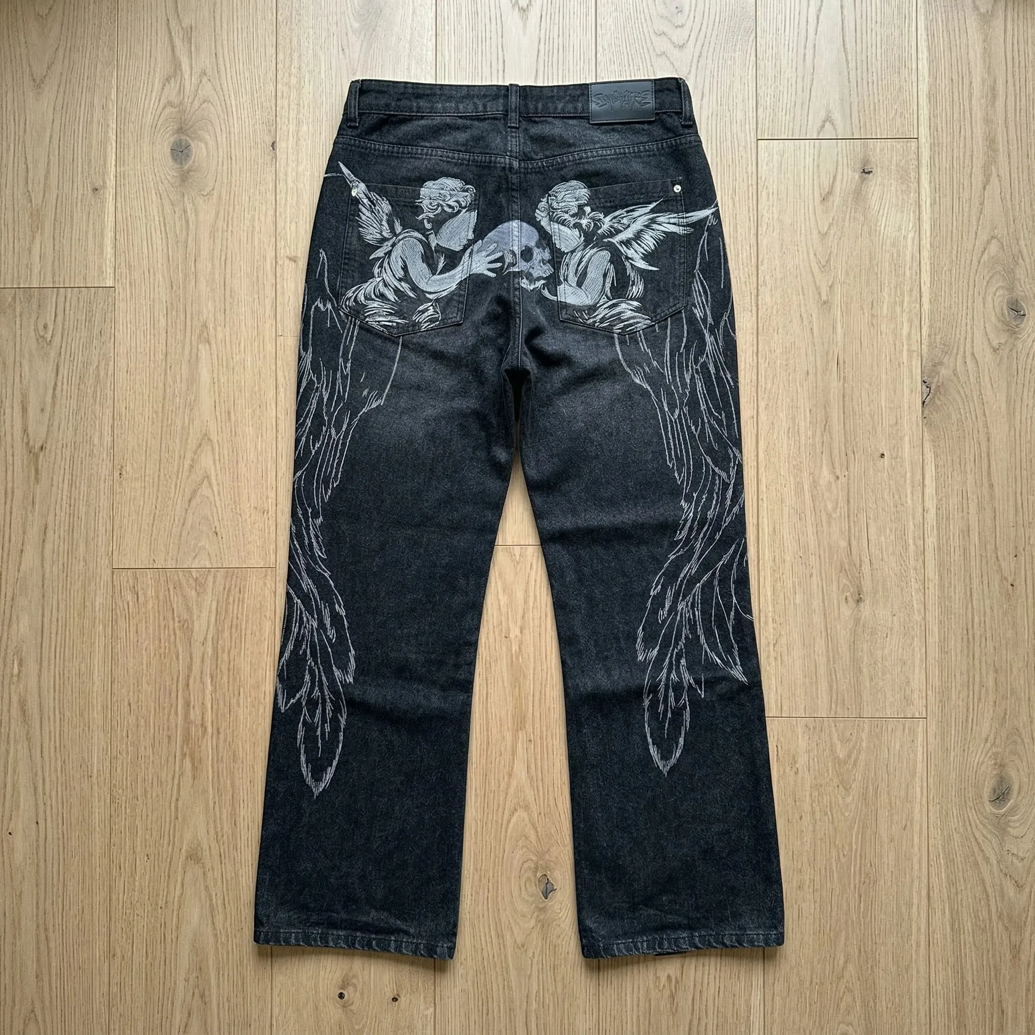 Black Winged Angel Skull Embroidered Baggy Denim Jeans Men Y2K Streetwear Vintage Oversized Cotton Casual Hip Hop Fashion Pants — image 3