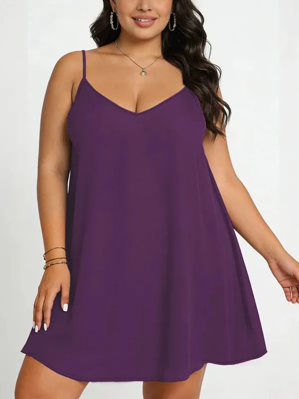 Pure Color V-Neck Asymmetric Hem Plus Size Knit Spaghetti Strap Maxi Dress Soft Comfort Effortless Chic Casual All Season Lightweight Solid Flowy Sleeveless Long Dress For Curvy Women — image 8