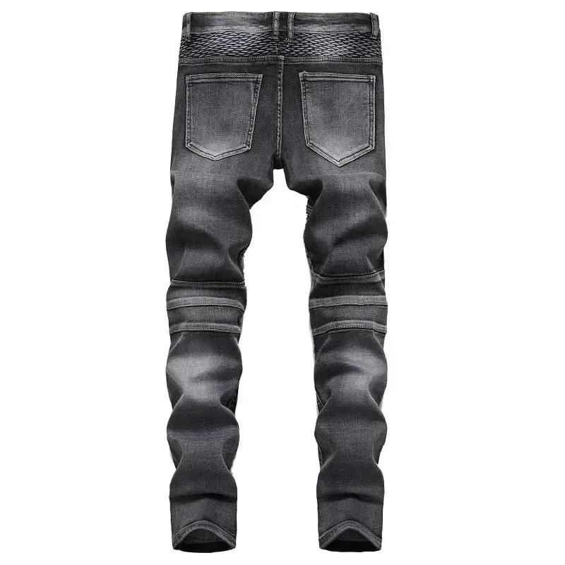 Nuovi jeans da moto casual da uomo Hip Hop Street Riding Pantaloni dritti slim fit elasticizzati Patchwork Pantaloni in denim moda maschile