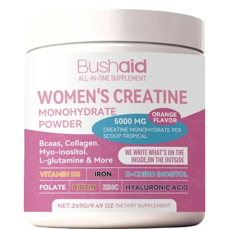 BushAid Women's Creatine Monohydrate Powder 5000mg 269G Orange Flavor with BCAA Muscle Strength Workout Support 30 Servings