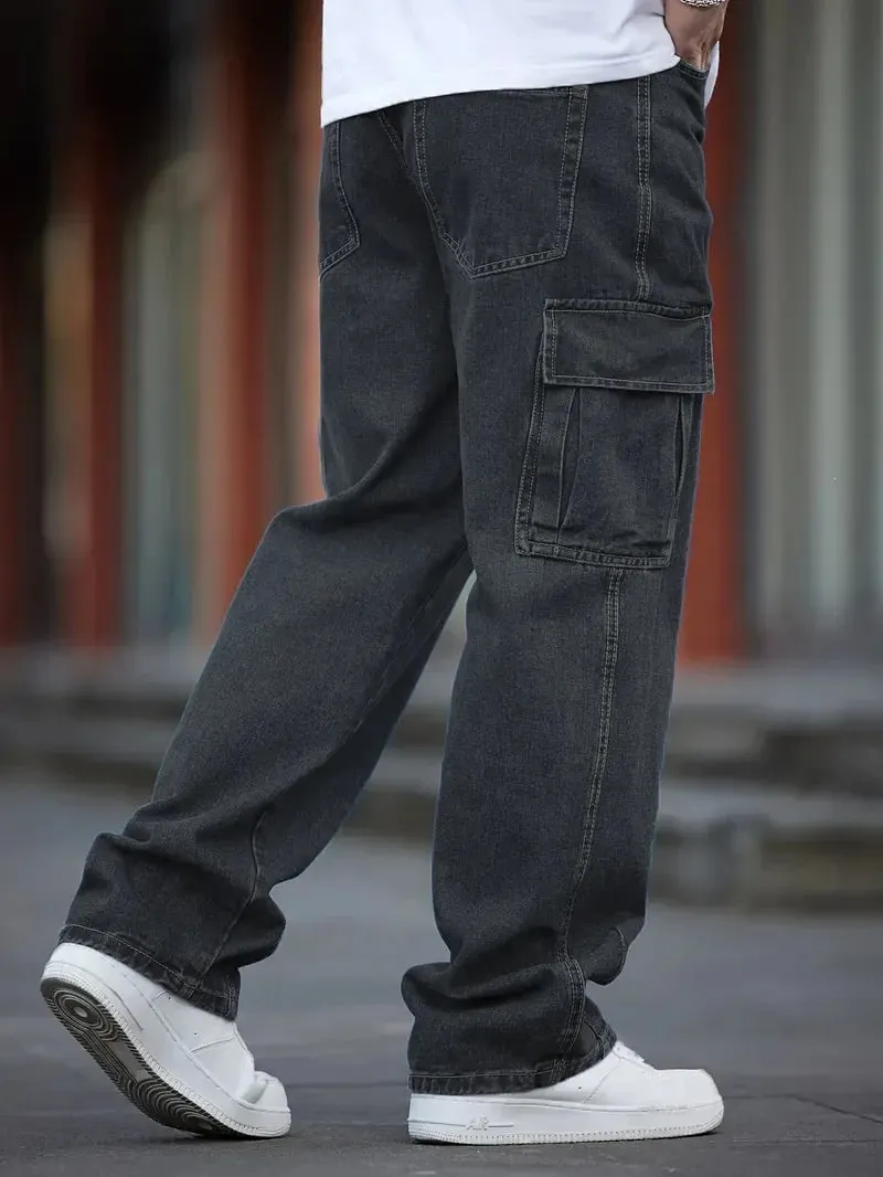 Men Baggy Cargo Jeans Retro Army Style Loose Fit Multi‑Pocket Denim Trousers Men's Casual Daily Outdoor Street Work Pants