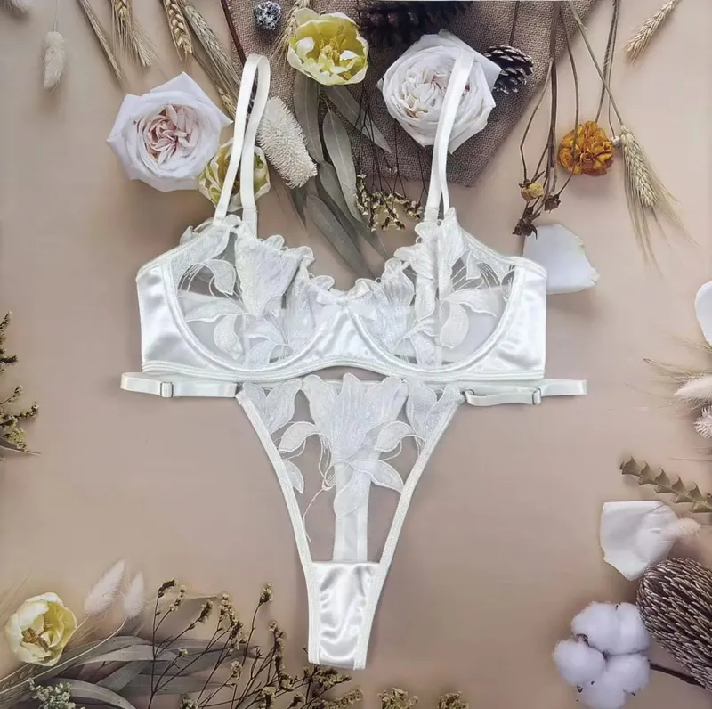 Floral Embroidery Sexy Lingerie Set for Women Underwear Transparent Bralette Underwire Push Up Bra and Panty 2 Piece Set — image 3