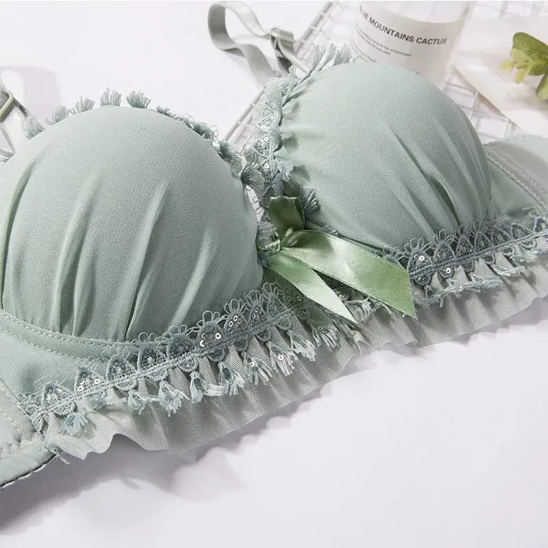 Women Lingerie Set Soft Memory Wire Ruffle Lace Bow Decor Intimate Underwear Suit No Pads Thin Breathable Adjustable Straps