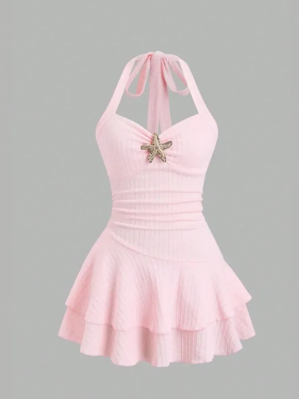 White Halter Neck Mini Dress Women's Ruffled Starfish Embellished Summer Casual Evening Gown — image 9