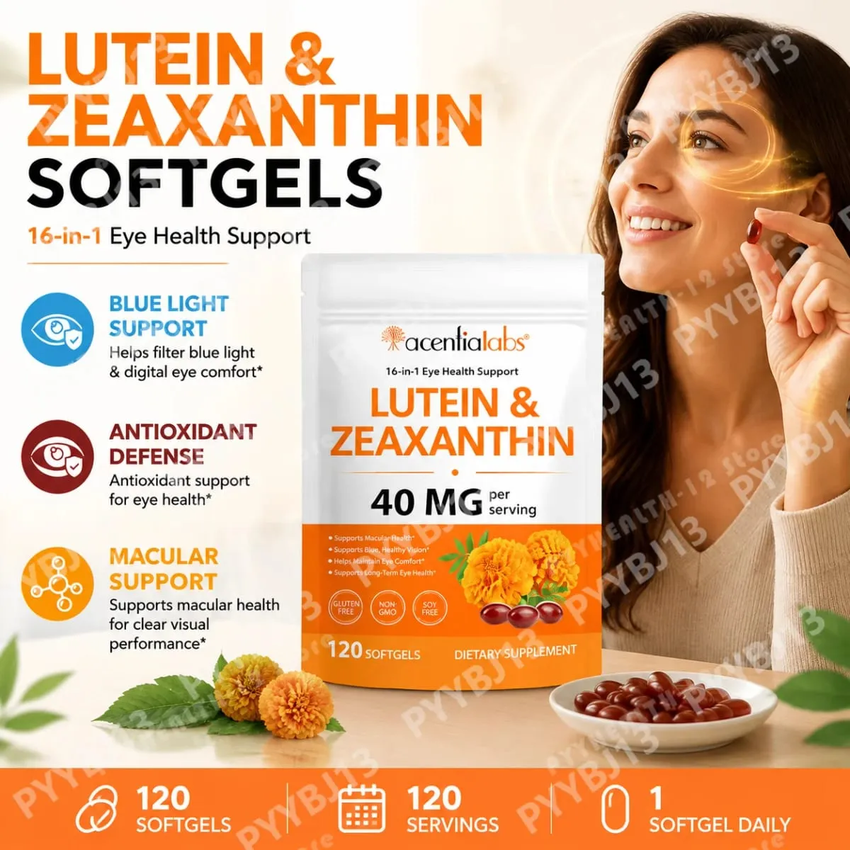 Acentiallabs Lutein Zeaxanthin Softgels 40mg Lutein & 8mg Zeaxanthin 120 นับตัวกรองแสงสีฟ้า Macular Protection Eye Care — image 1