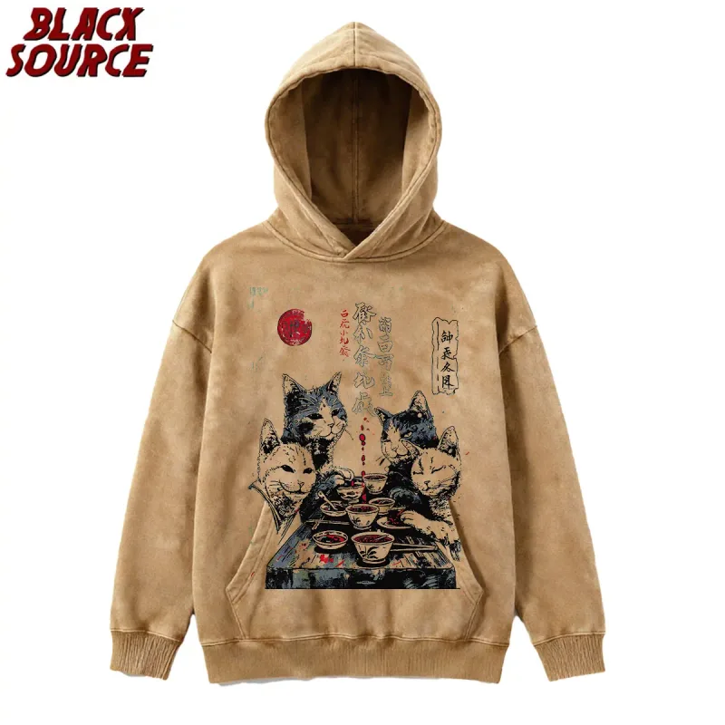 P0822 Cat Cartoon Graphic Men's Hoodie, Japanese Style Oversized Pullover Sweatshirt, Casual Baggy Fit Streetwear