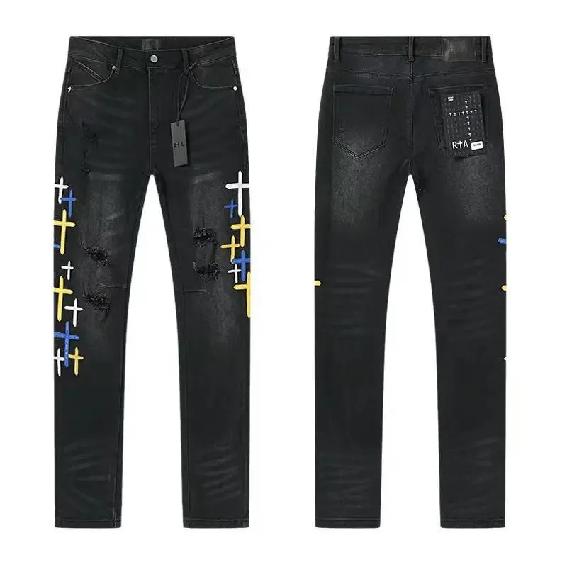 2026 RTA Men's Slim Fit Jeans Collection Distressed Ripped Paint Splatter Studded Patch Vintage Washed Streetwear Fashion Pants — image 6