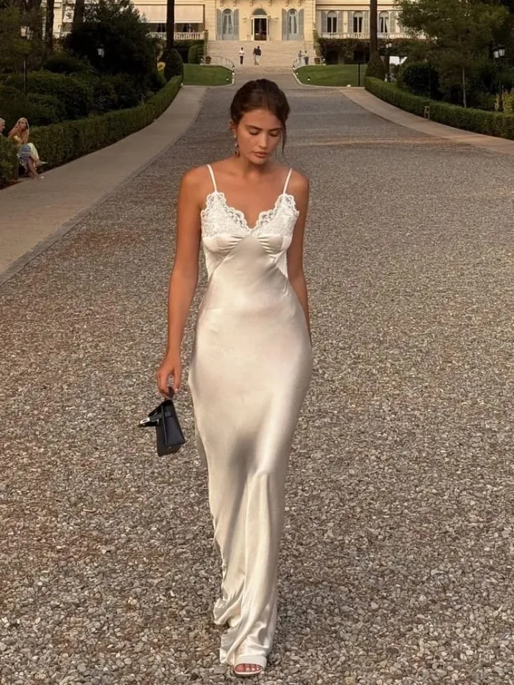 Sexy Women V-neck Satin Sling Maxi Dress Chic White Lace Patchwork Sleeveless Backless Slim Long Gown Chic Evening Party Dresses — image 1