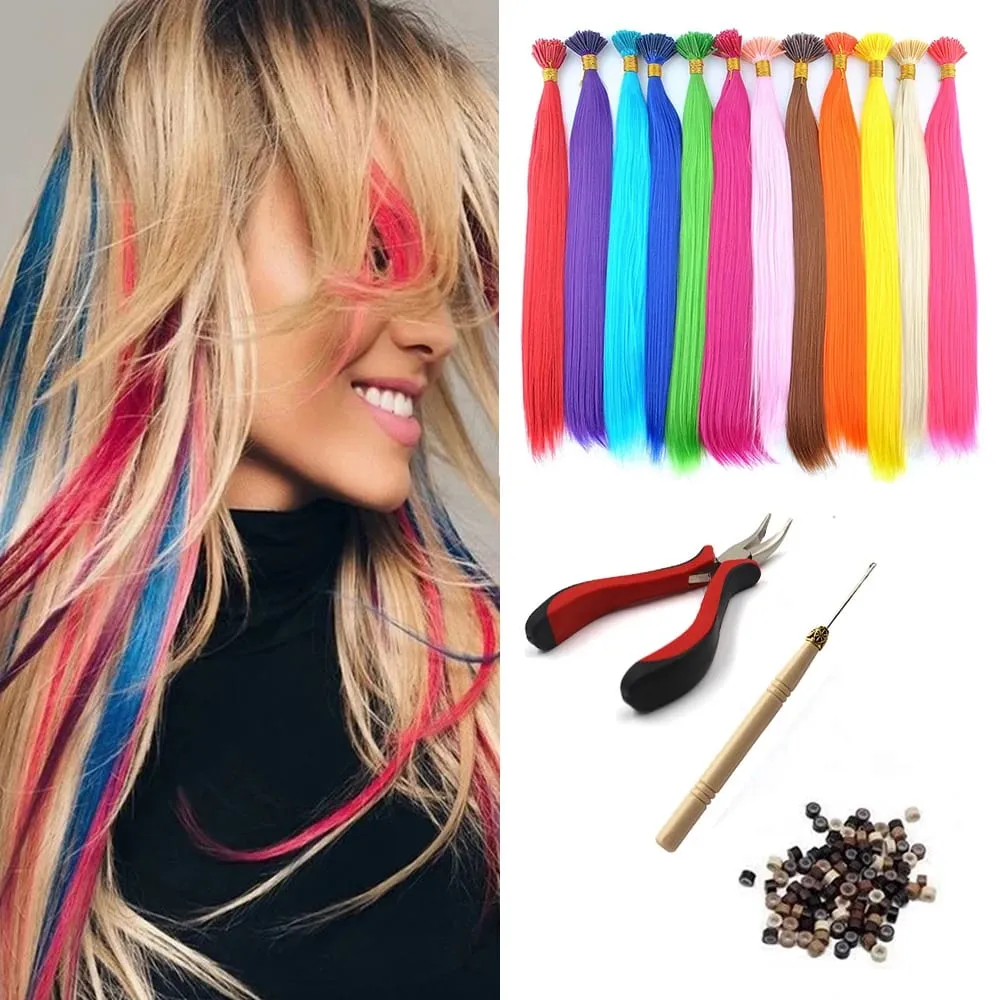Estensioni per capelli sintetici colorati con punta I, capelli lisci, 16 pollici, per donne, ad alta temperatura, 10 fili/confezione di colori — image 2
