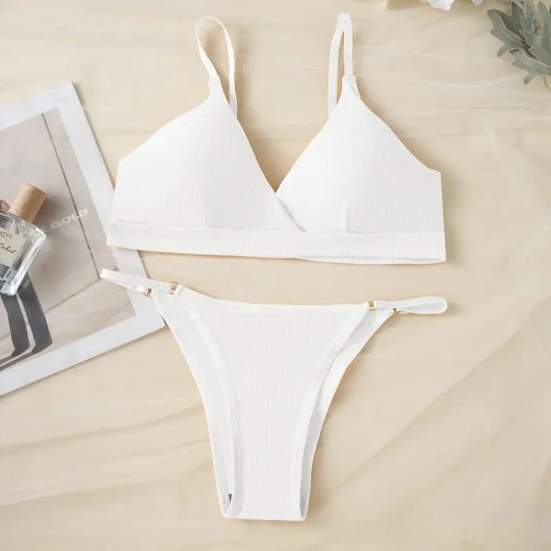 Women Ribbed Triangle Bra And Panties Set Wireless V Neck Thin Strap Bra Low Waist Briefs Ladies Removable Pads Lingerie Set — image 8