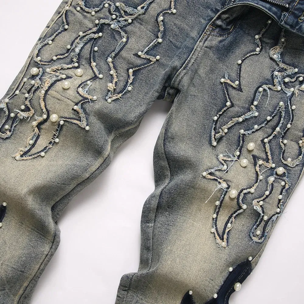 Men's Pearl Boot Cut Denim Jeans Embroidery Patch Slim Flared Pants Casual Streetwear Vintage Blue Trousers — image 3