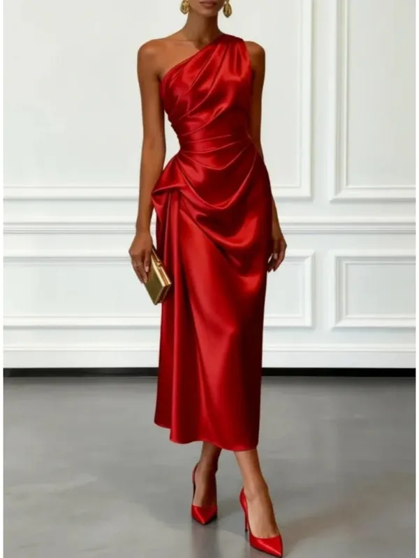 Elegantes One-Shoulder-Midikleid aus Satin mit Rüschen für eine formelle Abend-Cocktailparty — image 4