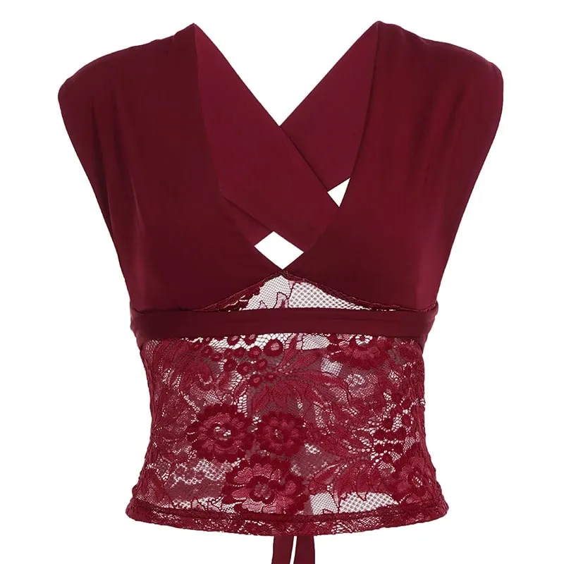 Sexy See Through Lace Patchwork V-neck Tank Top Women Sleeveless Vest Chic Party Club Camis Aesthetic Camisole Summer — image 9