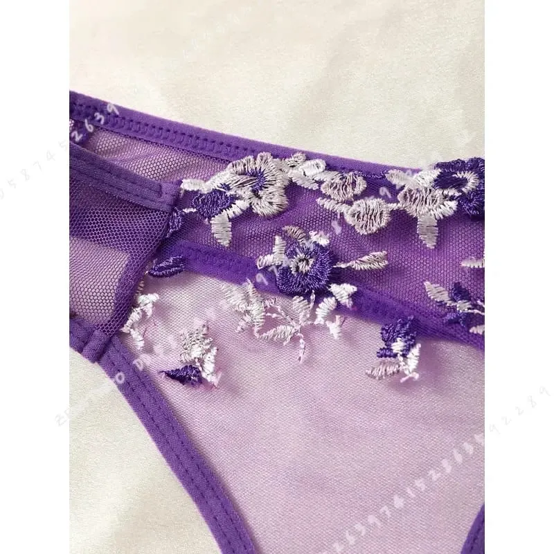 Purple Fancy Lingerie Set Women Embroidered Flower Bra and Panty Underwear Female Outfits — image 7
