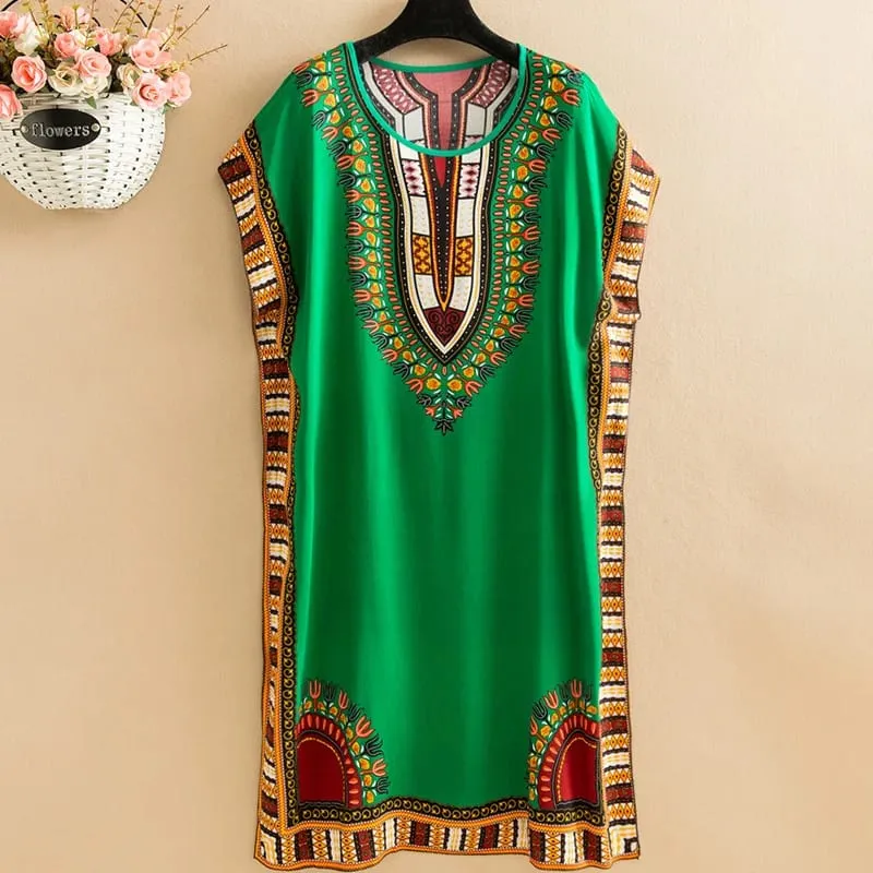 Summer cotton and silk dress medium and long bat sleeve loose large size beach dress mother dress belly and thin skirt women