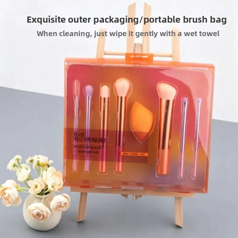 7Pcs R Series Orange Slanted Cut Makeup Brush Set with Beauty Sponge Blender Fluffy Brushes for Foundation Make-up — image 2