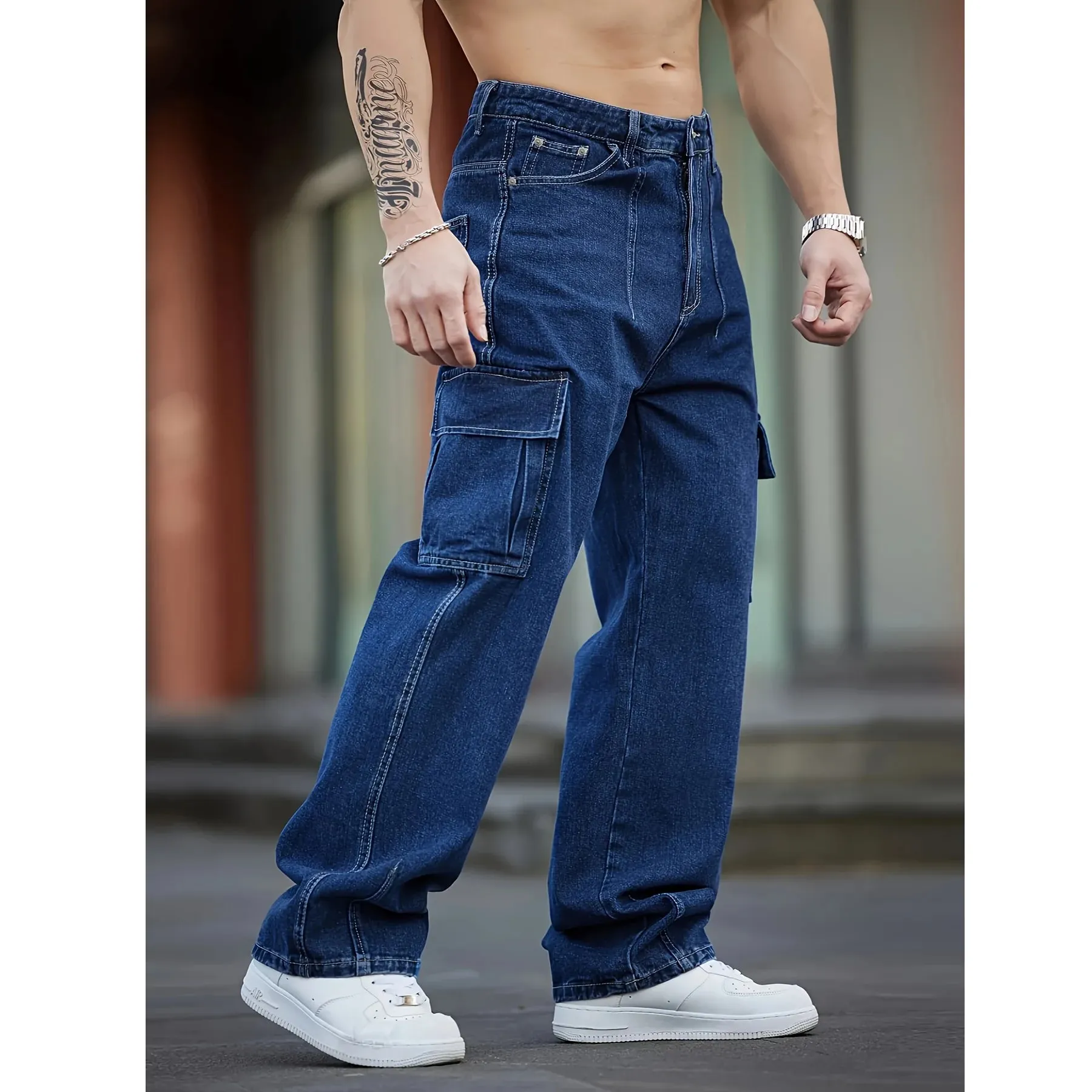 Men Baggy Cargo Jeans Retro Army Style Loose Fit Multi‑Pocket Denim Trousers Men's Casual Daily Outdoor Street Work Pants — image 11
