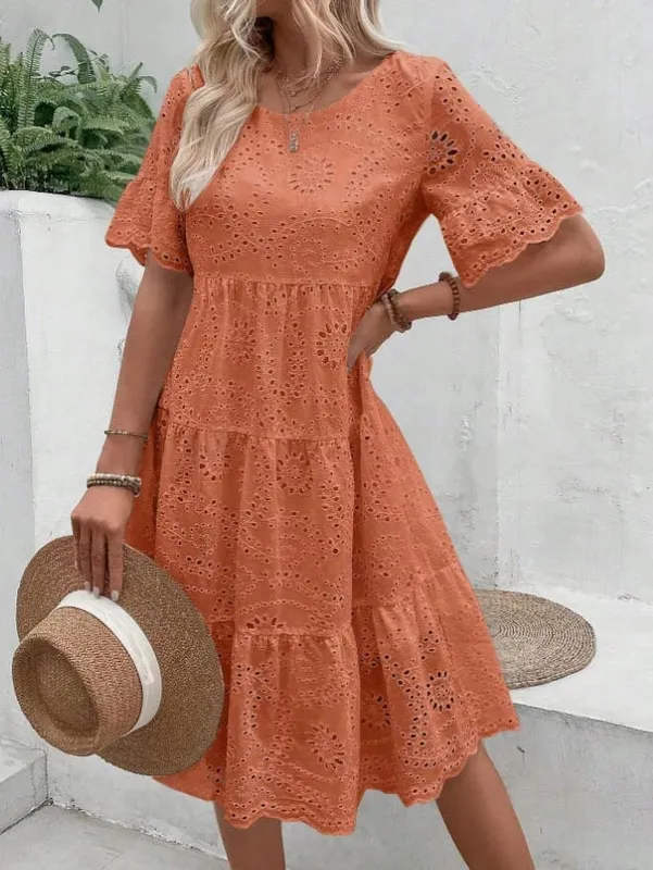 Women's White Eyelet Embroidery Midi Dress Hollow-out Boho Flowy Ruffle Tiered Dress Casual Short Sleeve Summer Beach Dresses — image 8
