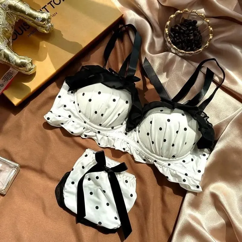 Sexy Lace Polka Dot Thin Bra Set Small Chest Gathered Collection of Accessory Breasts Comfortable Underwire Underwear Set — image 1