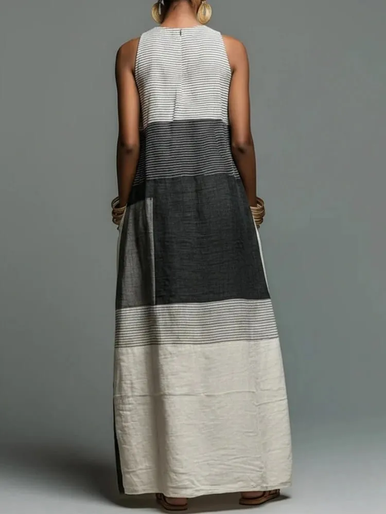 Summer Women Maxi Dress Stylish Color-Block Patchwork Loose Sleeveless Tank Long Dress Trendy Fashion Casual Pocket Dresses — image 3