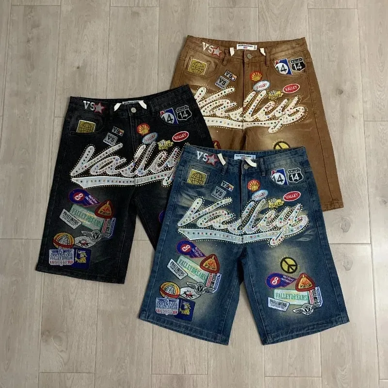 New Y2K Colorful Rhinestone VALLEY Embroidery Patch Label Denim Shorts Jorts Men Women High Quality Loose Straight Short Jeans — image 3