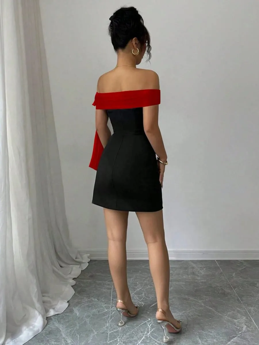 Women Off Shoulder Mini Dress Red Big Bow Spliced Bodycon Short Dresses Elegant Slim Fit Black Little Dress Night Club Party Birthday Outfits Evening Gown — image 4