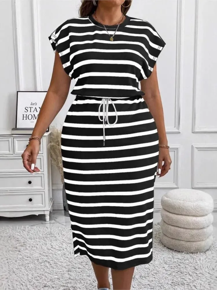 2025 Casual Striped Printed Short-sleeved Women's Dress Summer Fashion Cinched Waist Lace Up T Shirt Female Sports Dresses — image 4