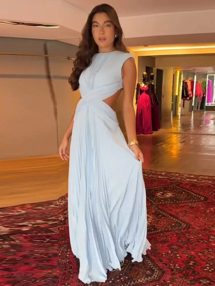 Hollow-out Pleated Maxi Dresses Women's Sleeveless Backless Waist-cinching O-neck Dress 2026 New Ladies Summer Vacation Outfit — image 4