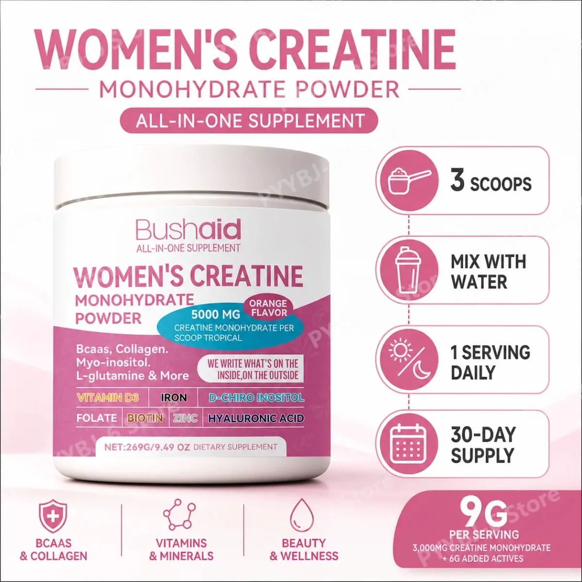 BushAid Women's Creatine Monohydrate Powder 5000mg 269G Orange Flavor with BCAA Muscle Strength Workout Support 30 Servings — image 6