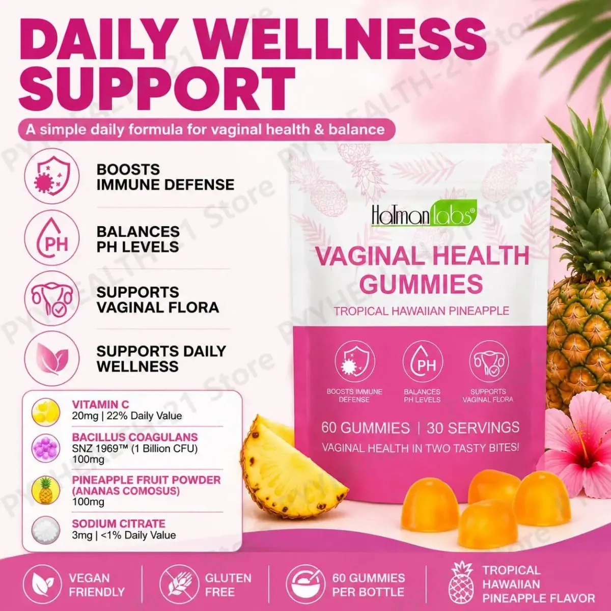 HalmanLabs Vaginal Health Gummies Probiotic Vitamin C Balance PH Levels Support Flora Immune Defense 60 Count Pineapple Women — image 2
