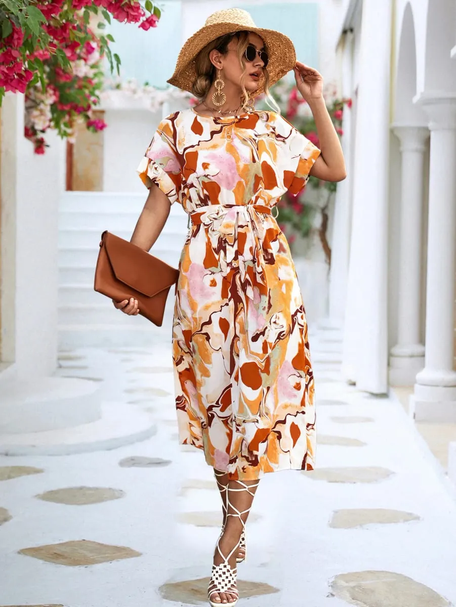 Women Long printed Dress with sashes Fashion Slim Chiffon O-neck A-line Loose Dress Elegant female holidays beach dresses — image 5