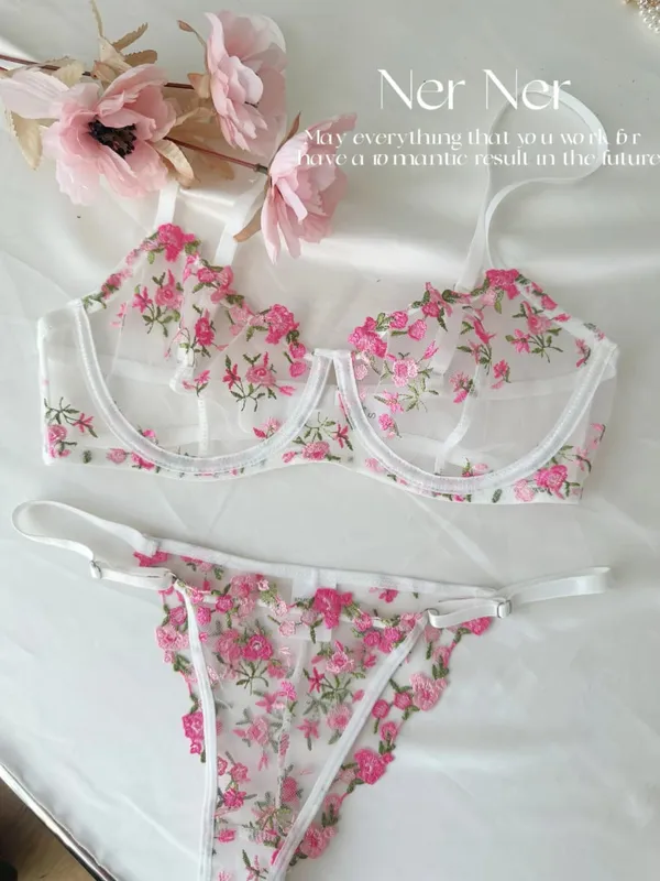Kawaii Japanese Lingerie Set Sheer Tulle Pink Floral Embroidery Bra Bralette sek-si Pure Matching Set BANERDANNI Tushy Bras — image 10