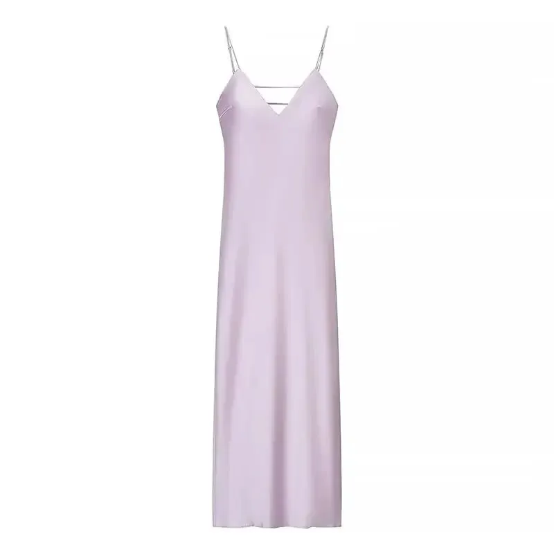 Women Solid Satin Sling Long Dress Casual Backless Sleeveless V-neck Pleated Gowns 2026 Summer Vacation Evening Party Robes — image 8