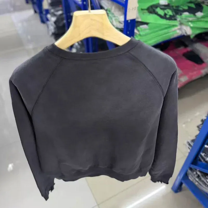 Heavy Fabric Cotton Oversized Patchwork Saint Sweatshirts Men Women Vintage Washed Carbon Gray Splash-Ink Damaged Hole Pullovers — image 4
