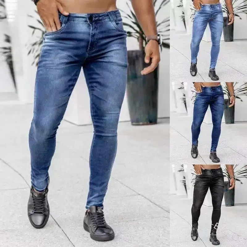 Men High Waist Skinny Jeans Stretch Pencil Pants Solid Color Ins Trendy Street Slim Fit Denim Trousers Male Casual Pants — image 2