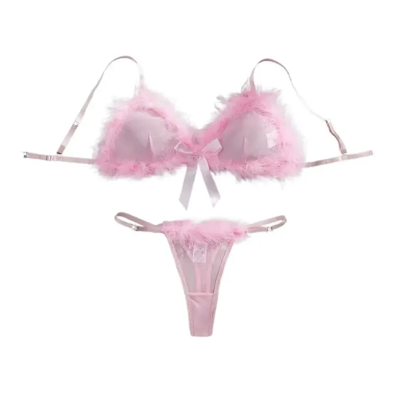 Sweet Furry Women's Underwear Mesh Transparent Wireless Lingerie Set Romantic Intimate Bow Decor Bra Panties Suit Christmas
