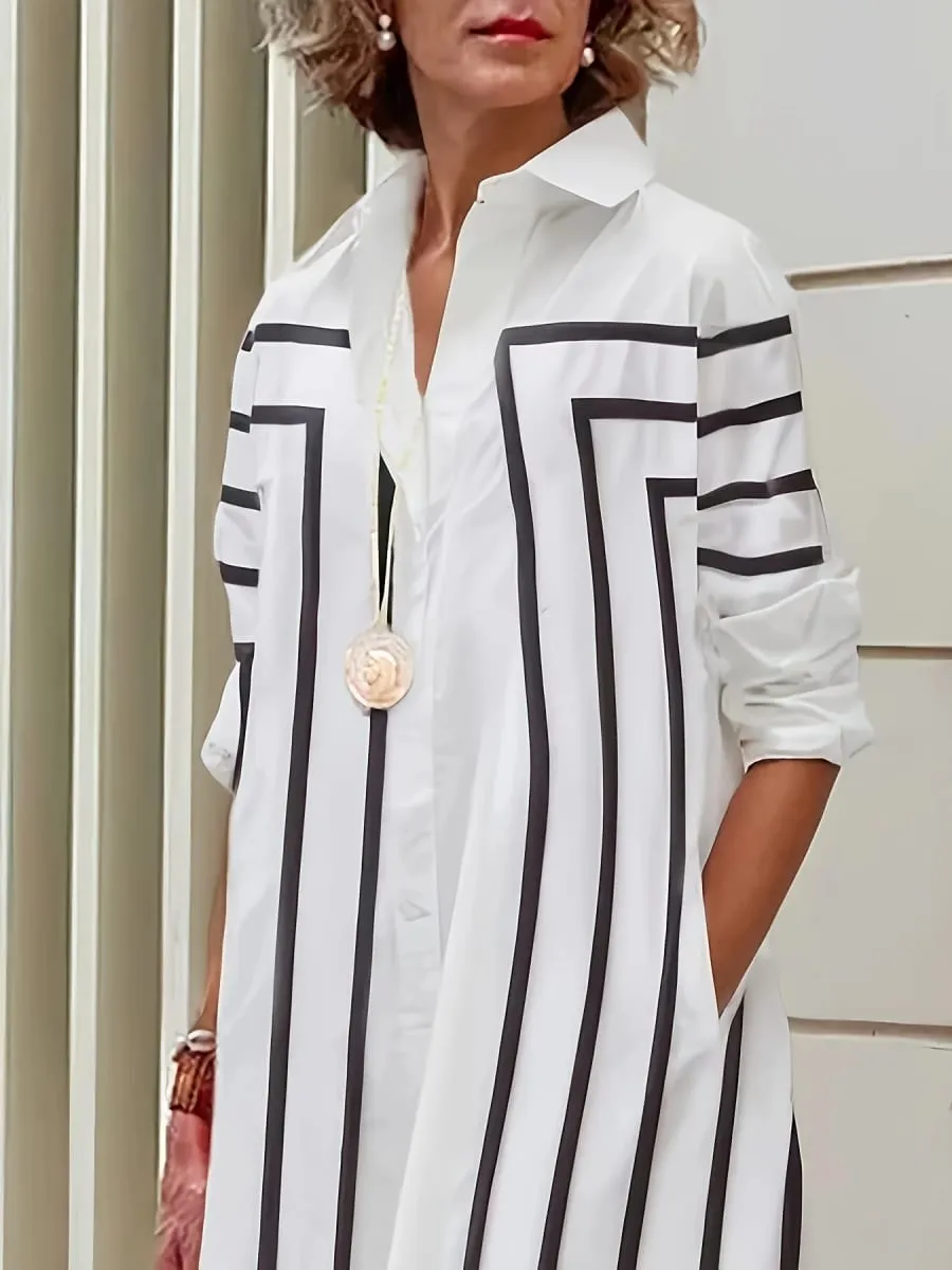 Women's Casual Striped Button Loose Fit Knee-Length Short Sleeve Black & White Vertical Stripes for Spring Summer Fall — image 3