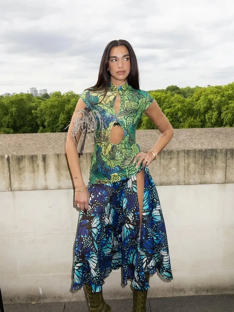 Jungle Butterfly Print Midi Dress Mandarin Collar Cutout Waist High Slit Dress 2026 Summer Festival Night Out Wear Women Vestido — image 4