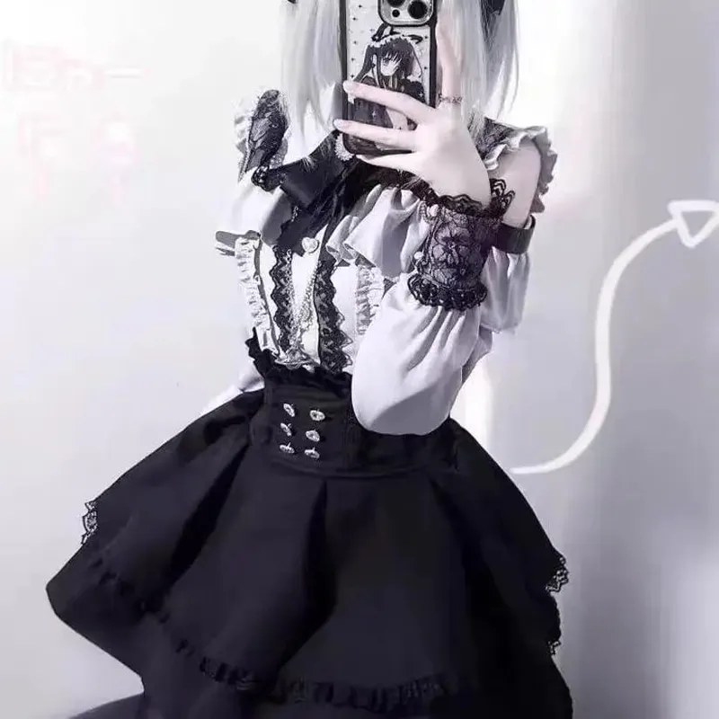 Sweet Lolita Style Lace Pearl Cute Print Shirt Dresses Japanese Kawaii Bow Dress Set Gothic Y2k Tea Party Women Dress 2025 New — image 11