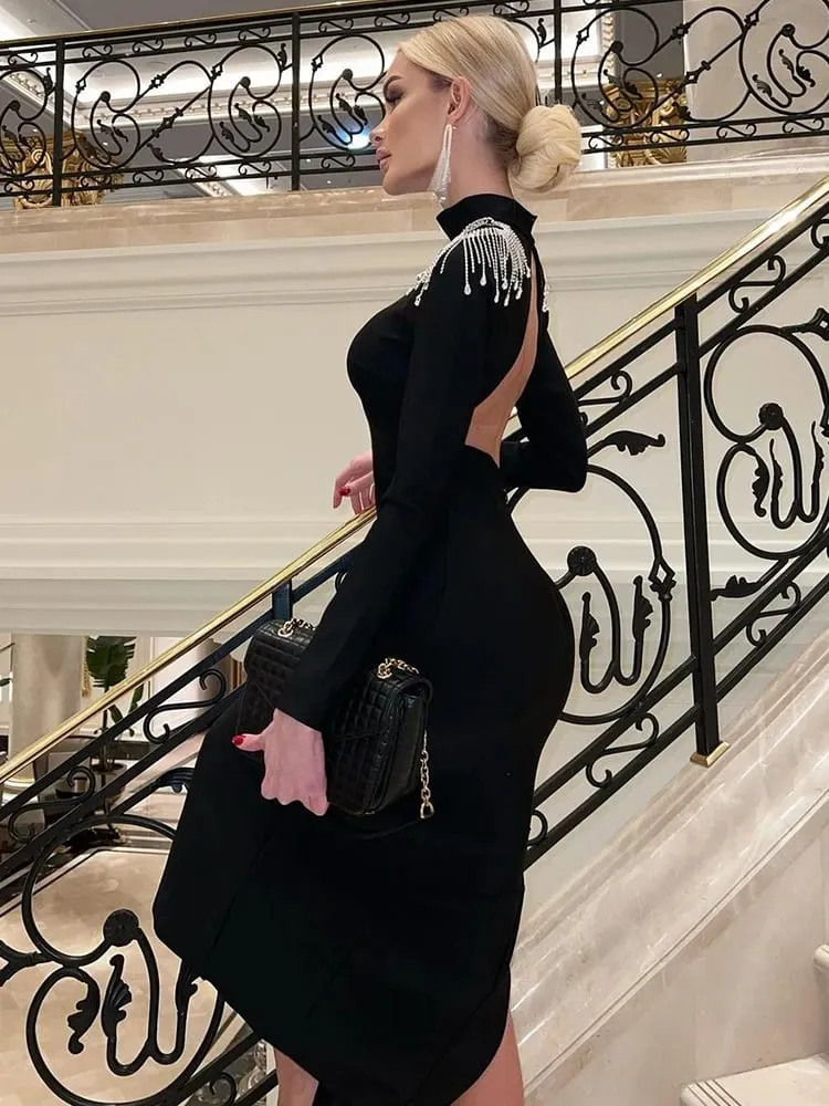 Ahagaga mode évider femmes Maxi Robes Sexy solide dos nu décontracté col roulé mince élégant moulante Robes Robes fendues