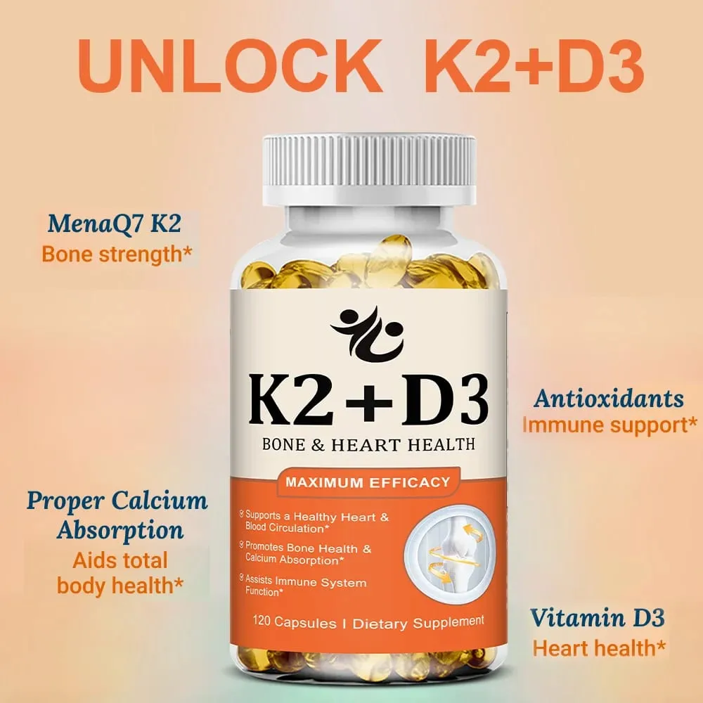 Vitamin D3 5000 IU + K2 MK-7 100mcg Capsules Support Nutrient Absorption Metabolism Bone Heart Health & Immune System — image 7
