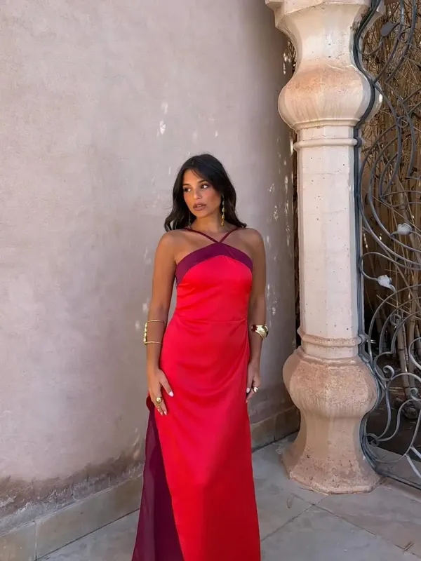 Color Blocking Scarf Collar Suspender Women Maxi Dress Spaghetti Strap High Split Floor Length Evening Dresses Lady Party Robes — image 10