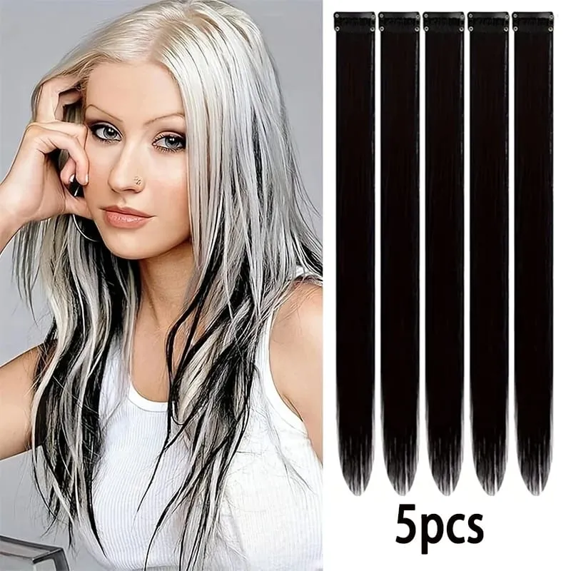 22Inch Synthetic Long Straight 5pcs Clip in Hair Extension Colored Rainbow Hairpieces for Women Daily Use — image 15