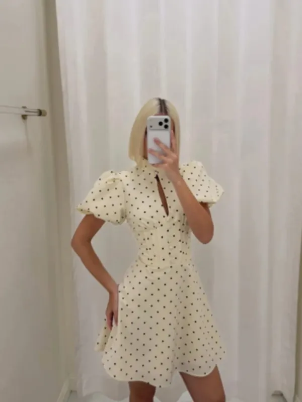 Women Retro Polka Dot Mini A-line Dress Elegant Stand Collar Puff Short Sleeve Waist-cinching Dresses Lady Party Robe 2026 New