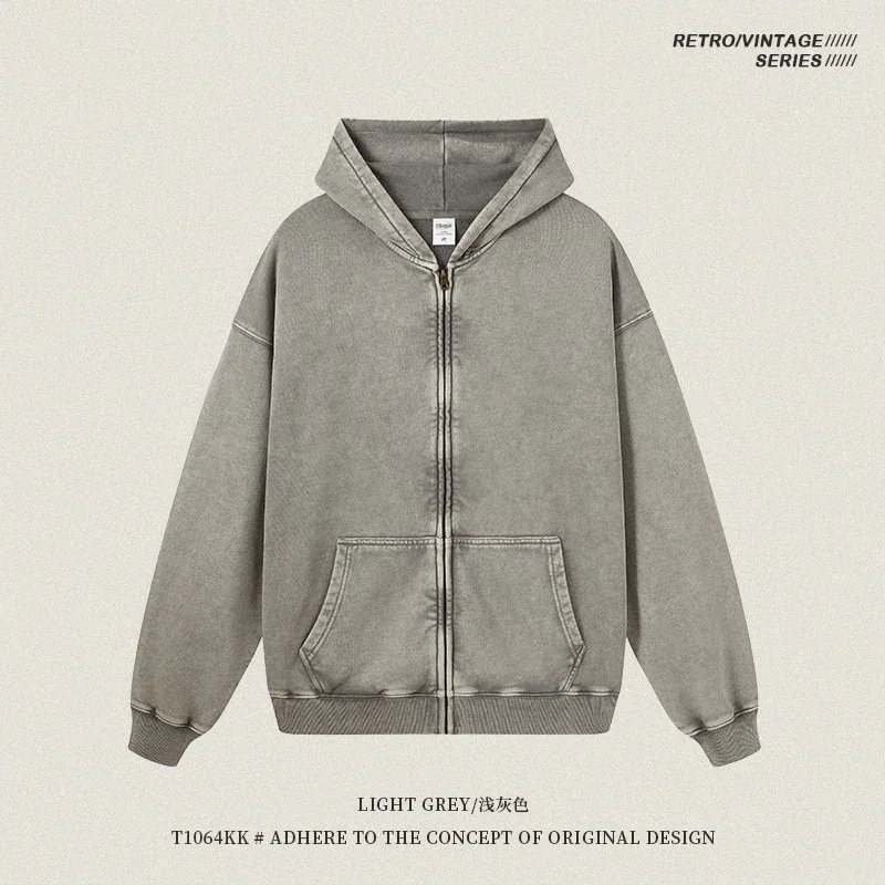 Retro Autumn Batik Washed Zipper Hoodie For Men Unisex Oversized Distressed 420gsm Terry 100% Cotton Hooded Coats HY0936 — image 28