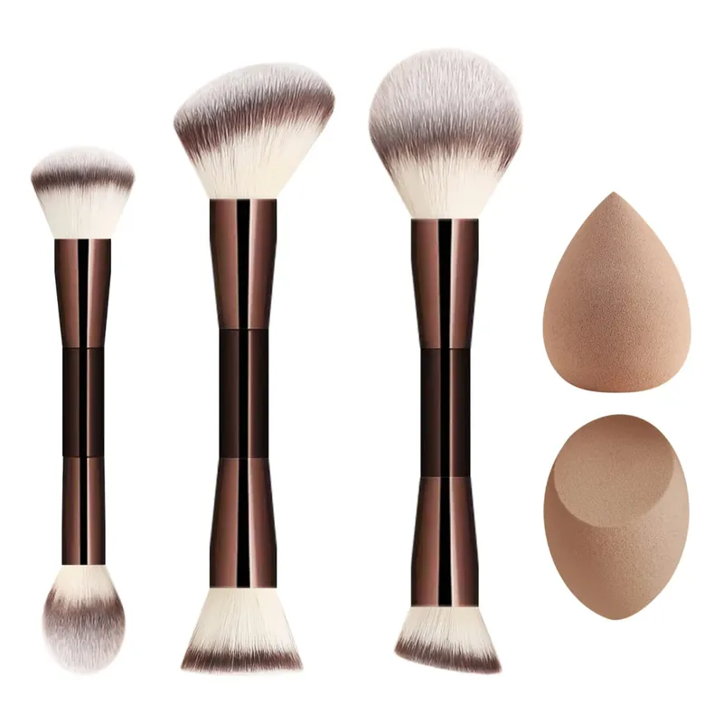 5Pcs Makeup Tool Set 3 Double Ended Brushes 2 Beauty Sponges For Foundation Blush Contour Face Cosmetic Kit