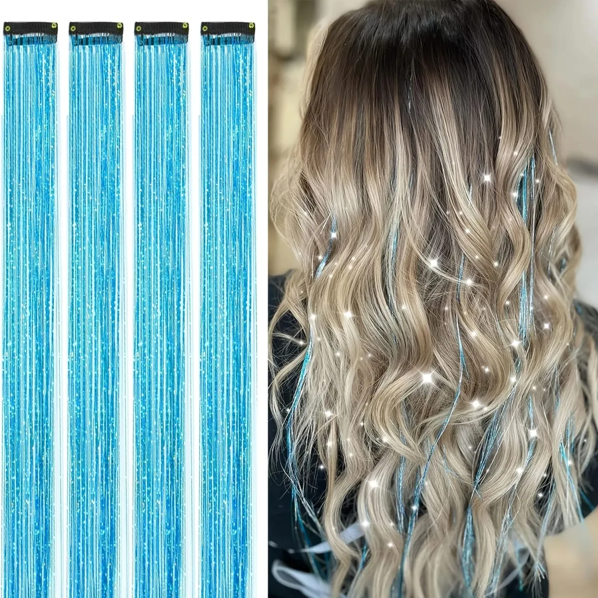 4pcs Clip-In Hair Tinsel Extensions Sparkly Holographic Glitter Hair Strands with Snap Clips Reusable Easy-To-Wear Hair — image 9