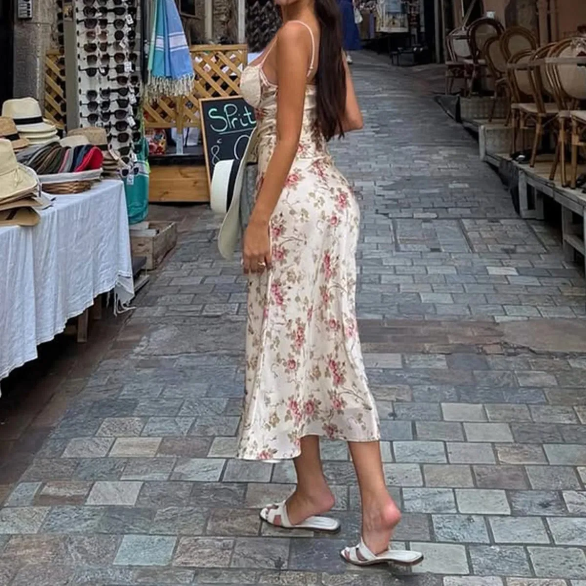 French Sexy Lace Satin Dress Women Sleeveless V-neck Spaghetti Strap Party Dresses Summer Vacation Boho Party Vestidos — image 2