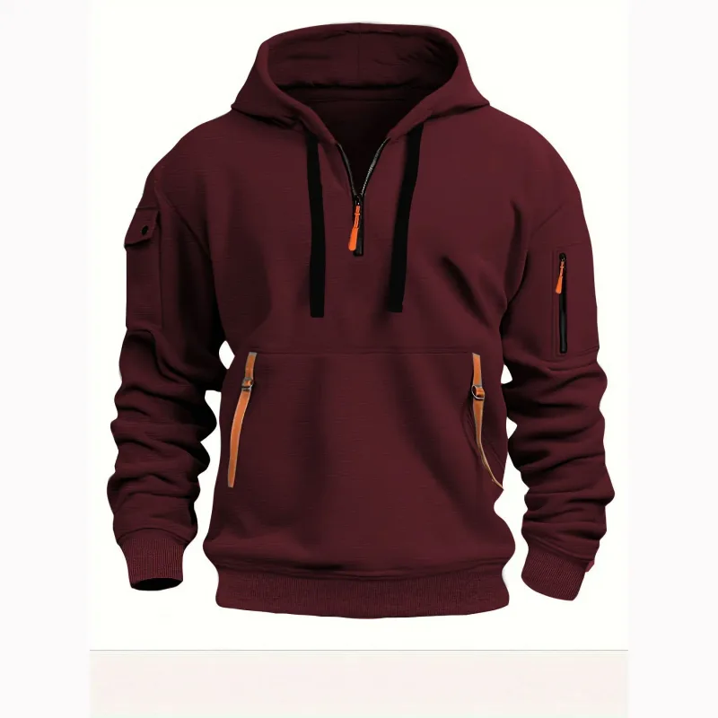 Autumn Men Half Zip Hoodie Multi Zipper Pocket Long Sleeve Pullover Drawstring Hooded Sweatshirt Outdoor Casual Loose Street . — image 5
